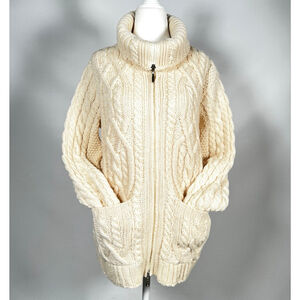 Inis Crafts Womans Sweater Cream Merino Wool Cable Knit Cardigan M